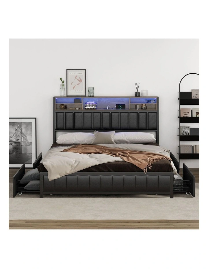 Oikiture Bed Frame Queen Size with LED Storage Bedhead 4 Drawers USB Charge image 5