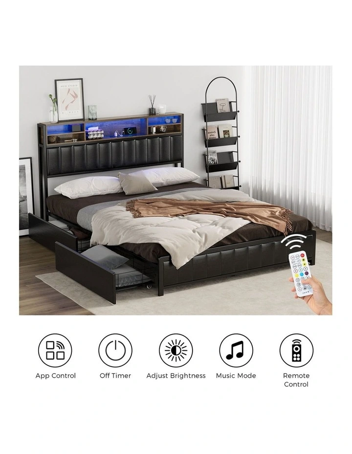 Oikiture Bed Frame Queen Size with LED Storage Bedhead 4 Drawers USB Charge image 7
