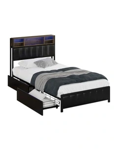 Oikiture Bed Frame King Single Size LED Storage Bedhead 2 Drawers USB Charge
