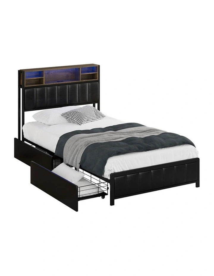 Oikiture Bed Frame King Single Size LED Storage Bedhead 2 Drawers USB Charge image 1