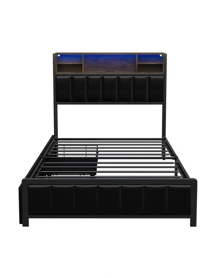 Oikiture Bed Frame King Single Size LED Storage Bedhead 2 Drawers USB Charge image 2