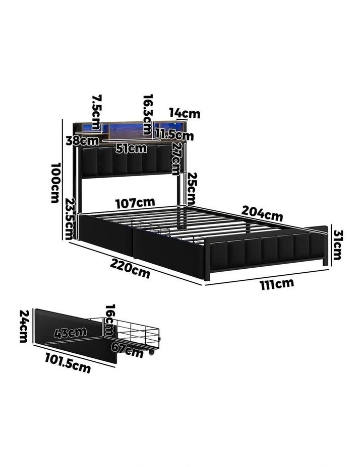 Oikiture Bed Frame King Single Size LED Storage Bedhead 2 Drawers USB Charge image 3