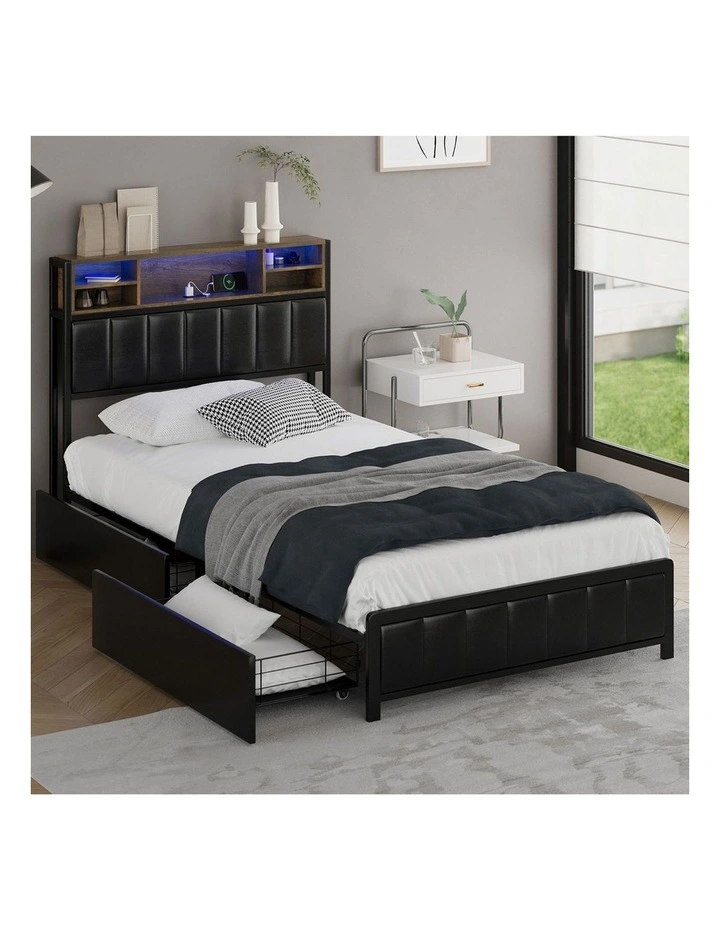 Oikiture Bed Frame King Single Size LED Storage Bedhead 2 Drawers USB Charge image 4