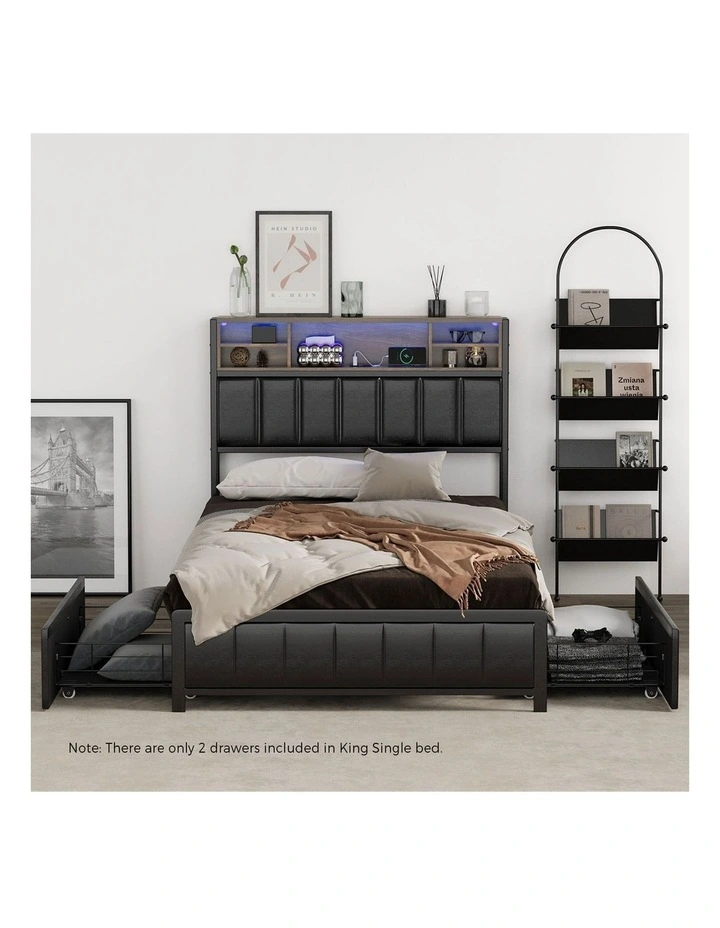 Oikiture Bed Frame King Single Size LED Storage Bedhead 2 Drawers USB Charge image 5