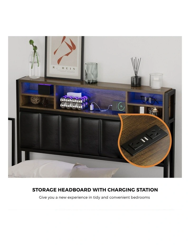 Oikiture Bed Frame King Single Size LED Storage Bedhead 2 Drawers USB Charge image 6