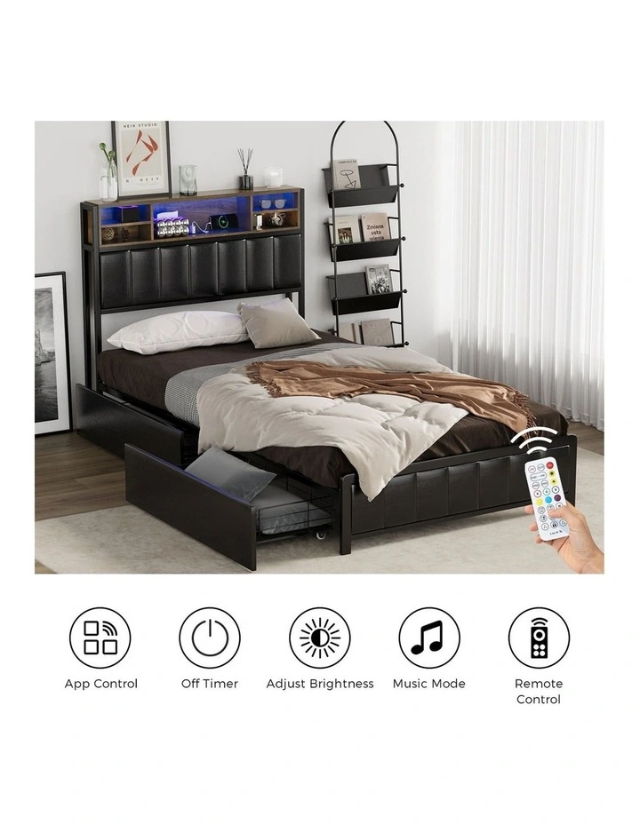 Oikiture Bed Frame King Single Size LED Storage Bedhead 2 Drawers USB Charge image 7