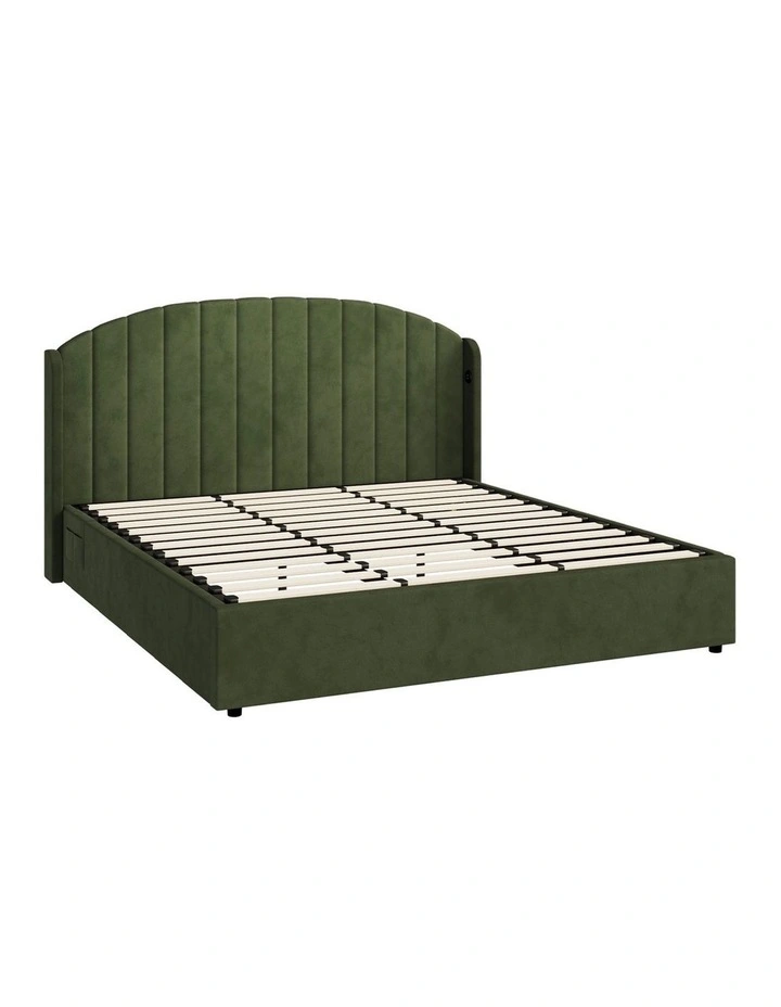 Oikiture Bed Frame King Size With Gas Lift Storage USB Charging Velvet image 1