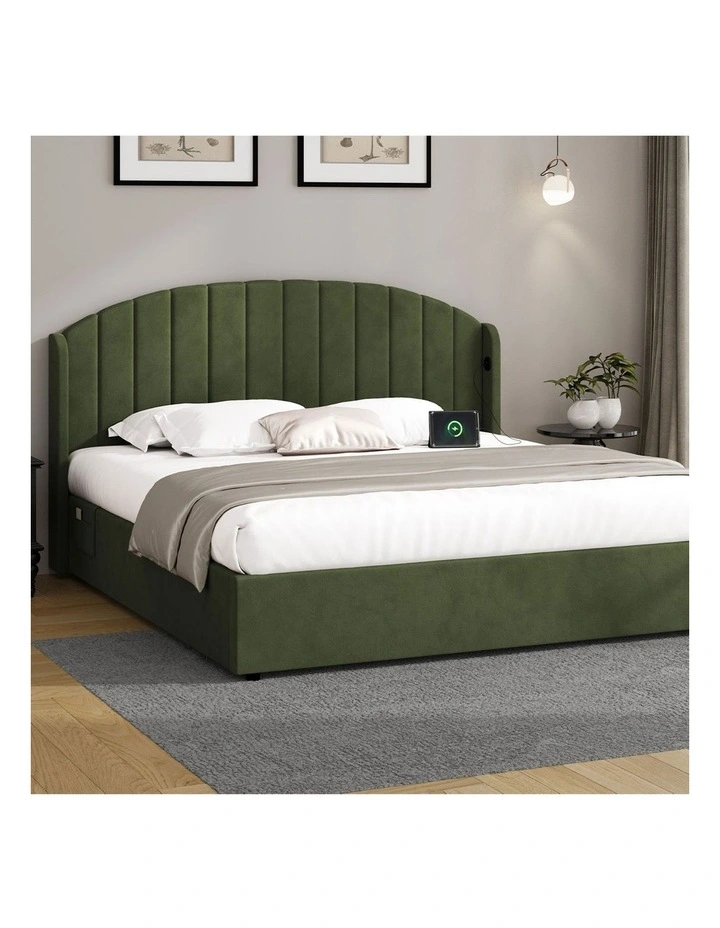 Oikiture Bed Frame King Size With Gas Lift Storage USB Charging Velvet image 4