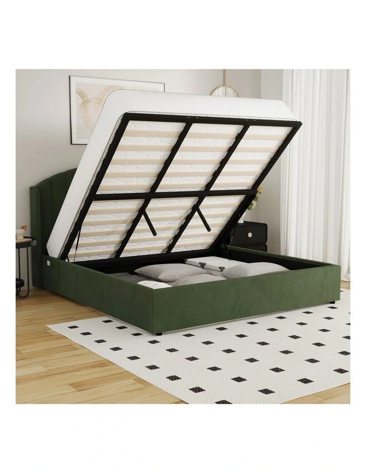 Oikiture Bed Frame King Size With Gas Lift Storage USB Charging Velvet image 5