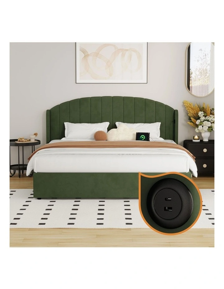 Oikiture Bed Frame King Size With Gas Lift Storage USB Charging Velvet image 6