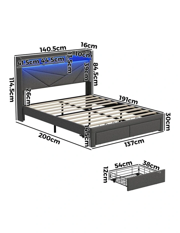 Oikiture Bed Frame Double Size LED Storge Headboard With USB Charging & Drawers image 3