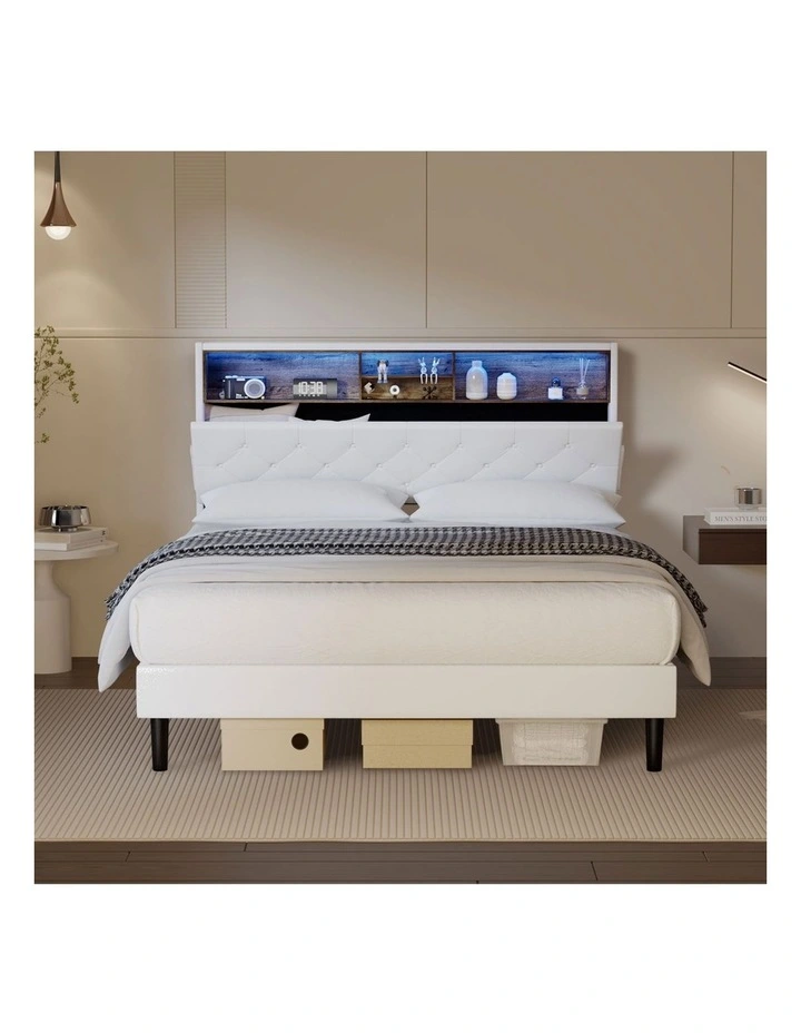 Oikiture Bed Frame Queen Size Platform Beds with LED Storage Bedhead NOVI image 5