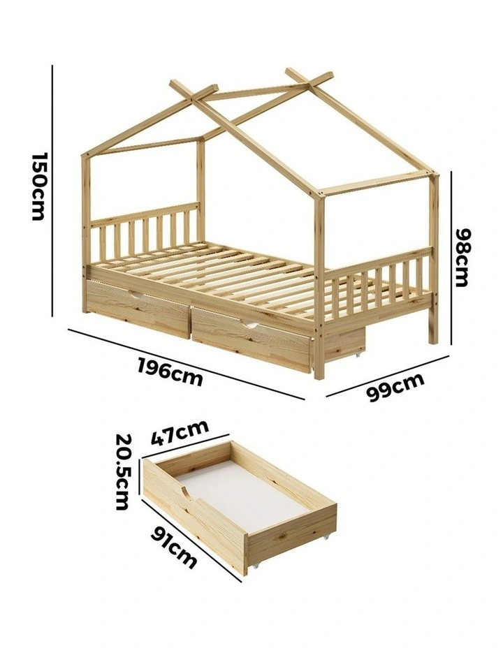 Oikiture Bed Frame Wooden Single Size Timber House Frame  With Storage Drawers image 3