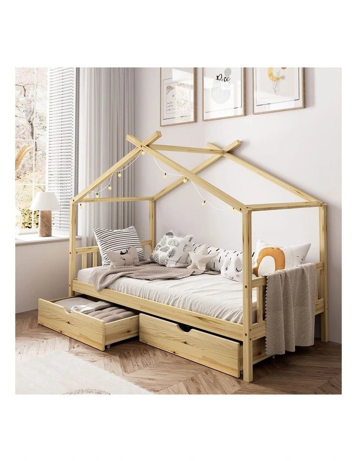 Oikiture Bed Frame Wooden Single Size Timber House Frame  With Storage Drawers image 4