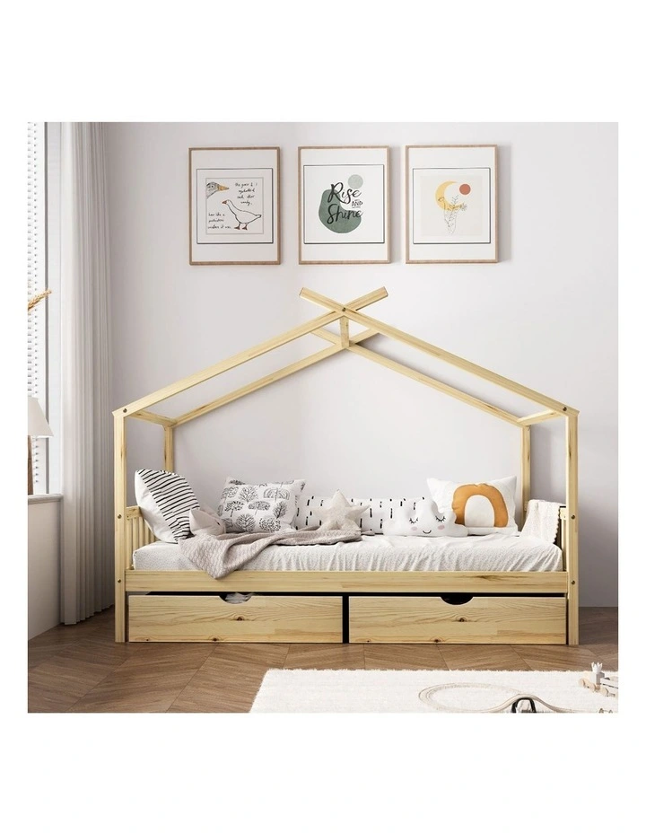 Oikiture Bed Frame Wooden Single Size Timber House Frame  With Storage Drawers image 5