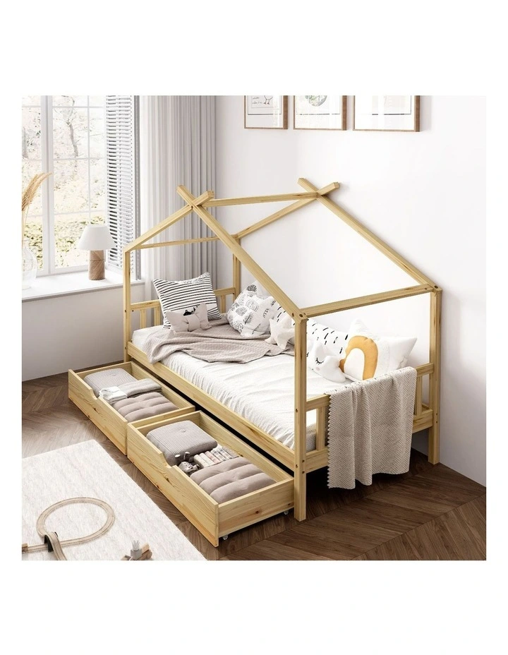 Oikiture Bed Frame Wooden Single Size Timber House Frame  With Storage Drawers image 7