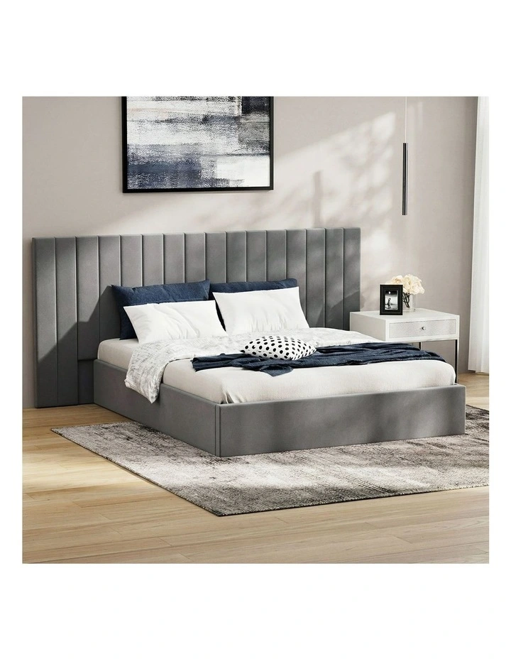 Oikiture Bed Frame Queen Size Gas Lift Storage Base Oversized Headboard Velvet image 4
