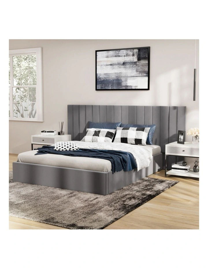 Oikiture Bed Frame Queen Size Gas Lift Storage Base Oversized Headboard Velvet image 7