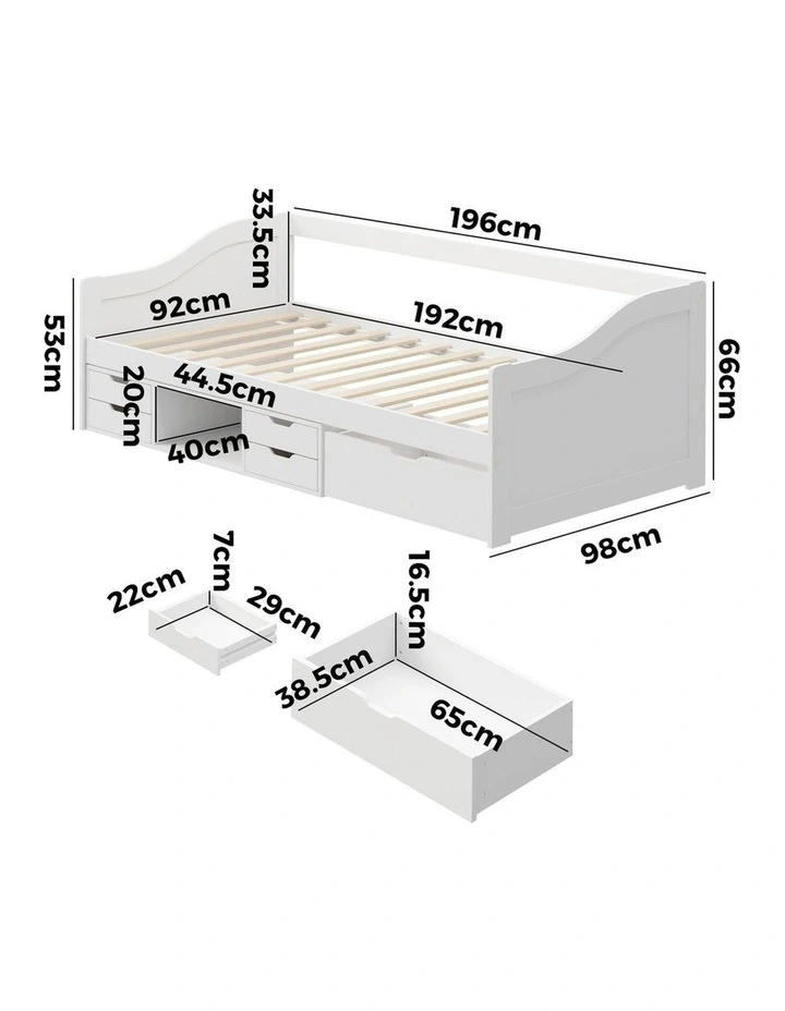 Oikiture Kids Bed Frame Single Daybed with Trundle Storage Drawers Timber White image 3