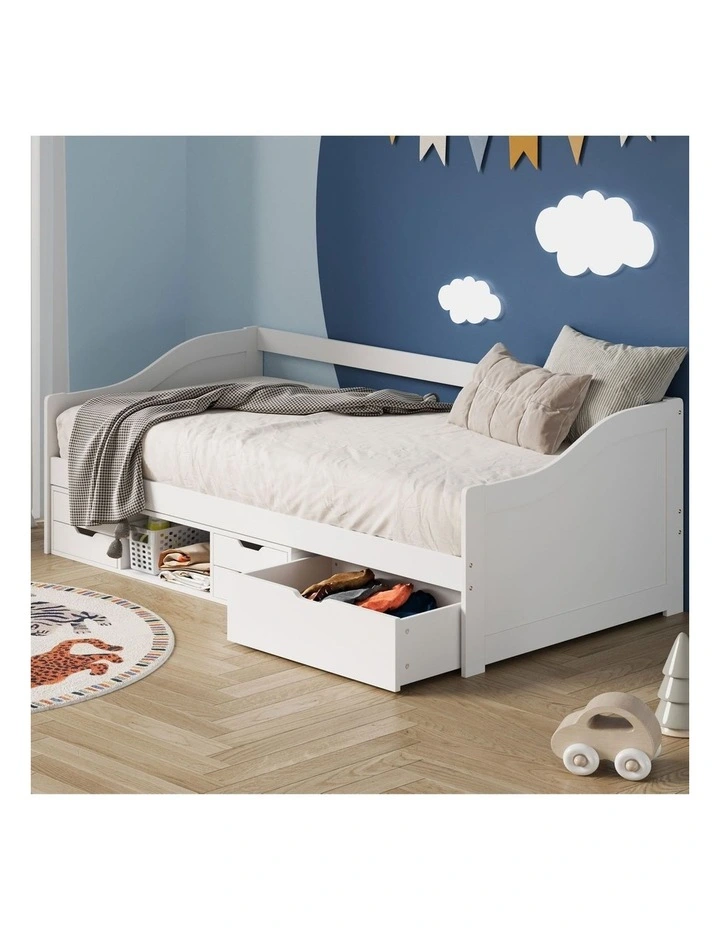 Oikiture Kids Bed Frame Single Daybed with Trundle Storage Drawers Timber White image 4