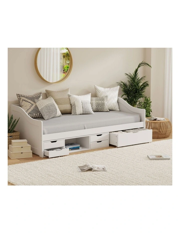 Oikiture Kids Bed Frame Single Daybed with Trundle Storage Drawers Timber White image 5