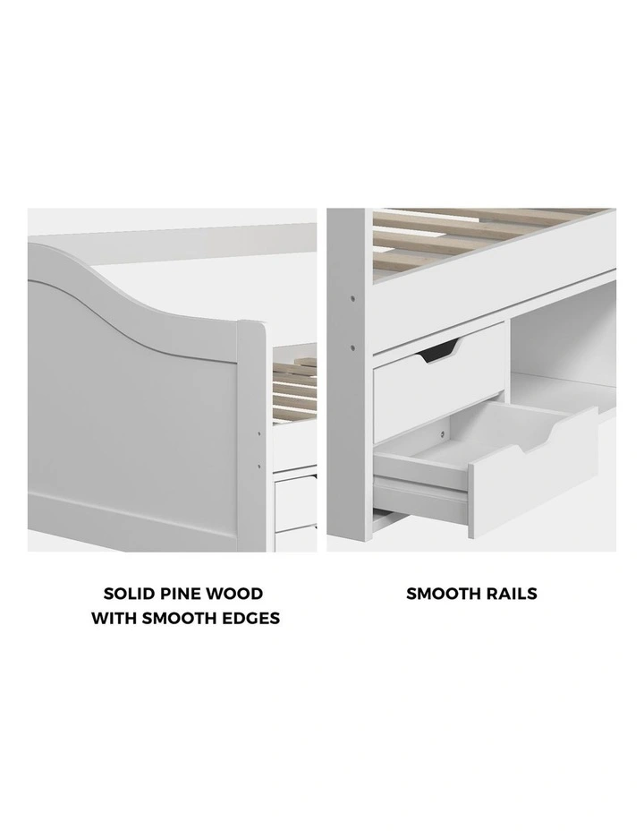 Oikiture Kids Bed Frame Single Daybed with Trundle Storage Drawers Timber White image 6
