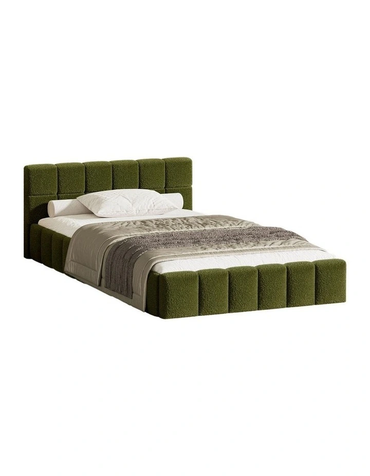 Oikiture Bed Frame King Single Size Tufted Headboard Green Boucle image 1