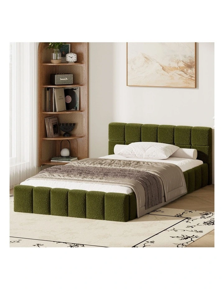 Oikiture Bed Frame King Single Size Tufted Headboard Green Boucle image 4