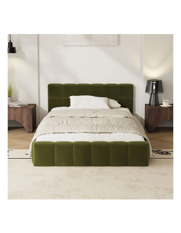 Oikiture Bed Frame King Single Size Tufted Headboard Green Boucle image 5