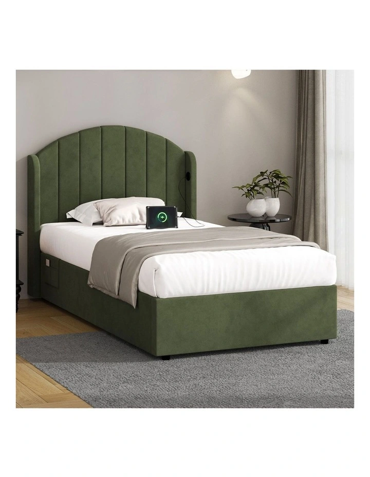 Oikiture Bed Frame King Single Size With Gas Lift Storage USB Charging Velvet image 4