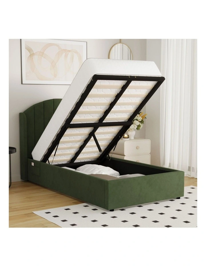 Oikiture Bed Frame King Single Size With Gas Lift Storage USB Charging Velvet image 5