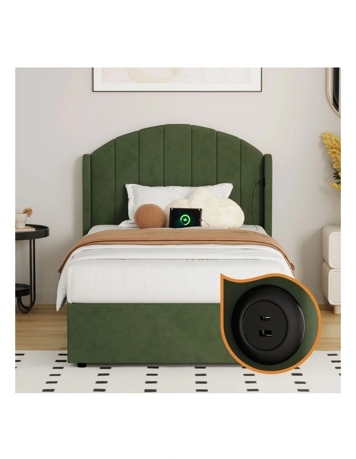 Oikiture Bed Frame King Single Size With Gas Lift Storage USB Charging Velvet image 6