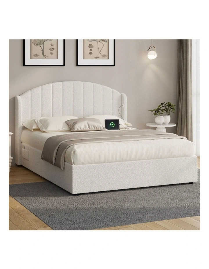 Oikiture Bed Frame Queen Size With Gas Lift Storage USB Charging Boucle image 4