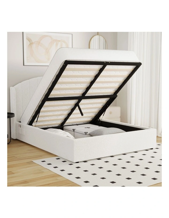 Oikiture Bed Frame Queen Size With Gas Lift Storage USB Charging Boucle image 5