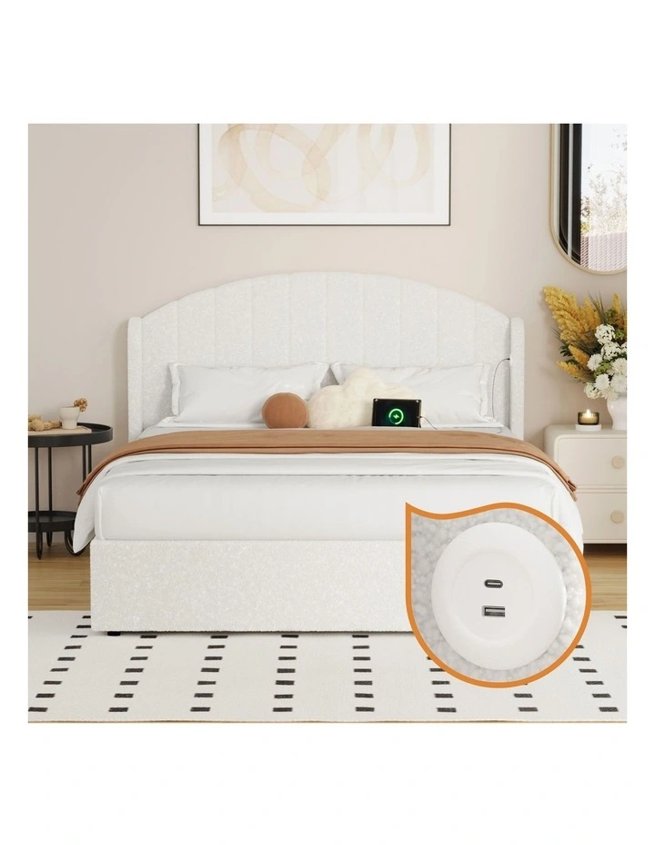 Oikiture Bed Frame Queen Size With Gas Lift Storage USB Charging Boucle image 6