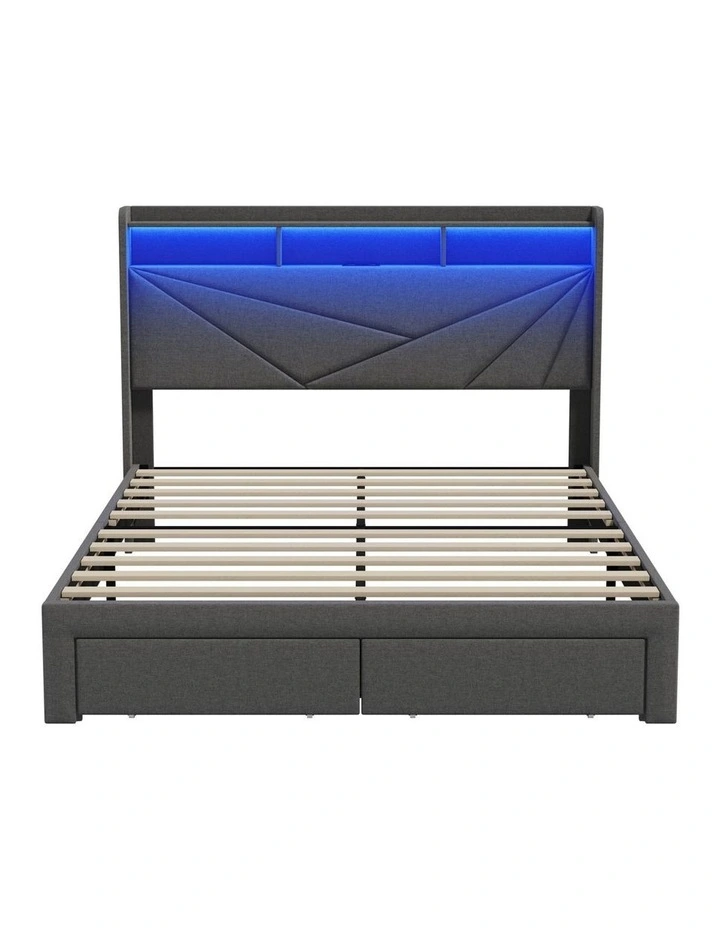 Oikiture Bed Frame Queen Size LED Storge Headboard With USB Charging & Drawers image 2