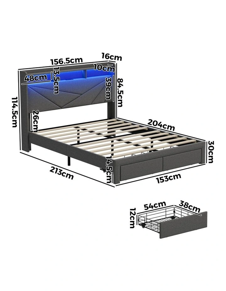 Oikiture Bed Frame Queen Size LED Storge Headboard With USB Charging & Drawers image 3