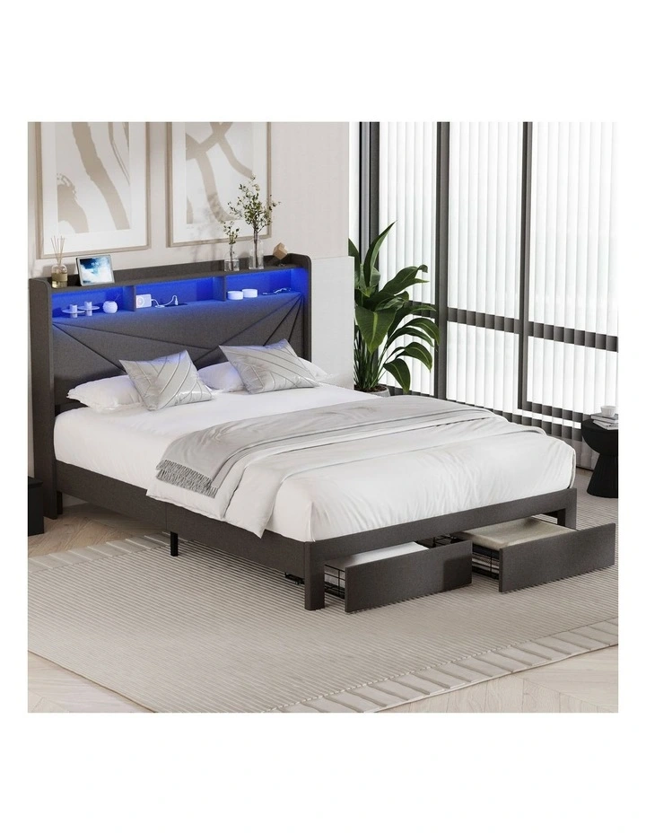 Oikiture Bed Frame Queen Size LED Storge Headboard With USB Charging & Drawers image 4