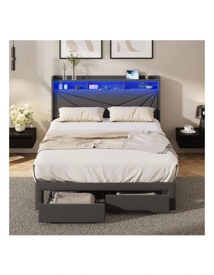 Oikiture Bed Frame Queen Size LED Storge Headboard With USB Charging & Drawers image 5