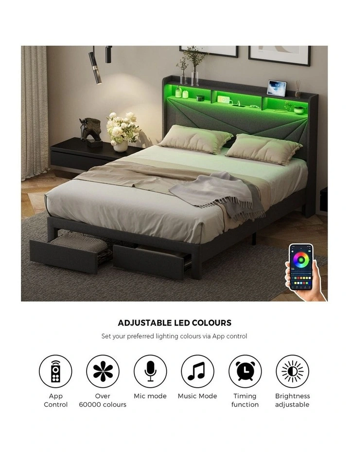 Oikiture Bed Frame Queen Size LED Storge Headboard With USB Charging & Drawers image 6