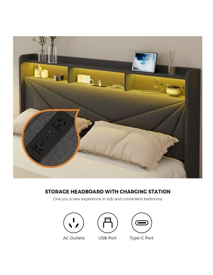Oikiture Bed Frame Queen Size LED Storge Headboard With USB Charging & Drawers image 7