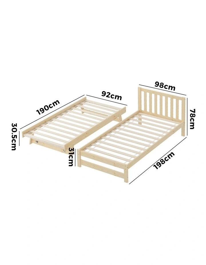 Oikiture Trundle Kids Bed Frame Single Wooden Timber Hidden Dual Beds Natural image 3