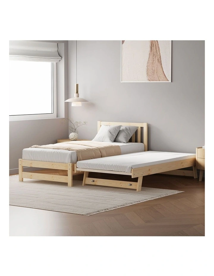 Oikiture Trundle Kids Bed Frame Single Wooden Timber Hidden Dual Beds Natural image 7