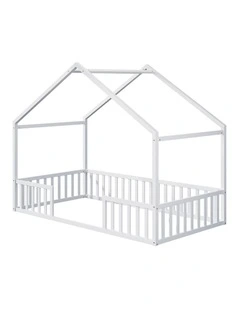Oikiture Wooden Kids Bed Frame King Single House Beds Timber No Slats White