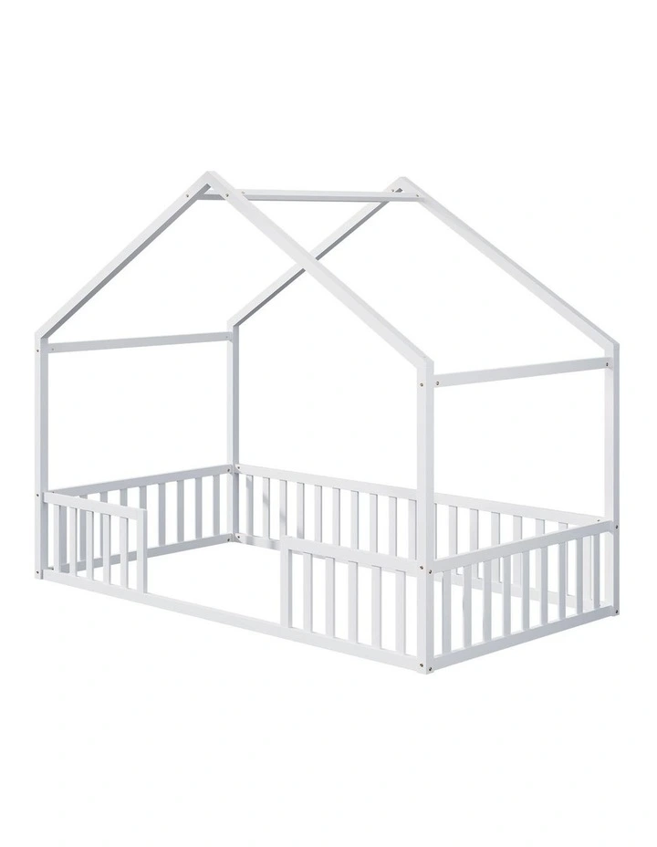 Oikiture Wooden Kids Bed Frame King Single House Beds Timber No Slats White image 1