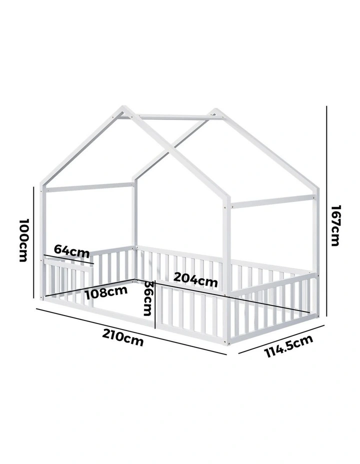 Oikiture Wooden Kids Bed Frame King Single House Beds Timber No Slats White image 3