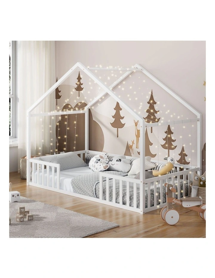 Oikiture Wooden Kids Bed Frame King Single House Beds Timber No Slats White image 4