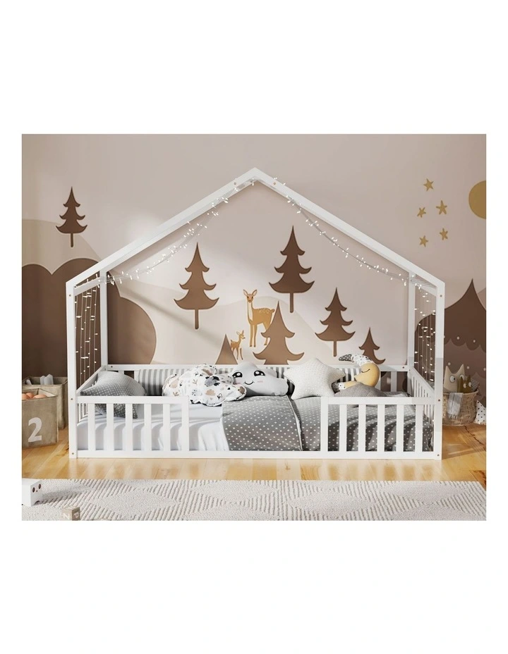 Oikiture Wooden Kids Bed Frame King Single House Beds Timber No Slats White image 5