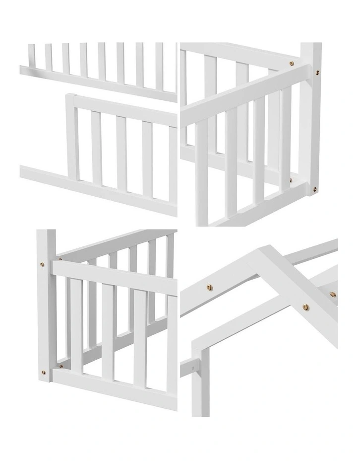 Oikiture Wooden Kids Bed Frame King Single House Beds Timber No Slats White image 6