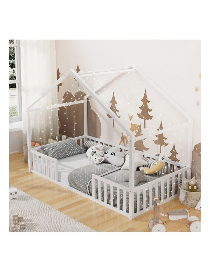 Oikiture Wooden Kids Bed Frame King Single House Beds Timber No Slats White image 7